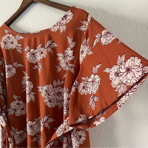 Maternity Burnt Orange Floral Tie Waist Cascade Sleeve Top Tunic Blouse Size XXL - Picture 2 of 7